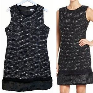 PLUS Calvin Klein Black & White Tweed Faux‎ Fur Hem Sheath Dress Size 14